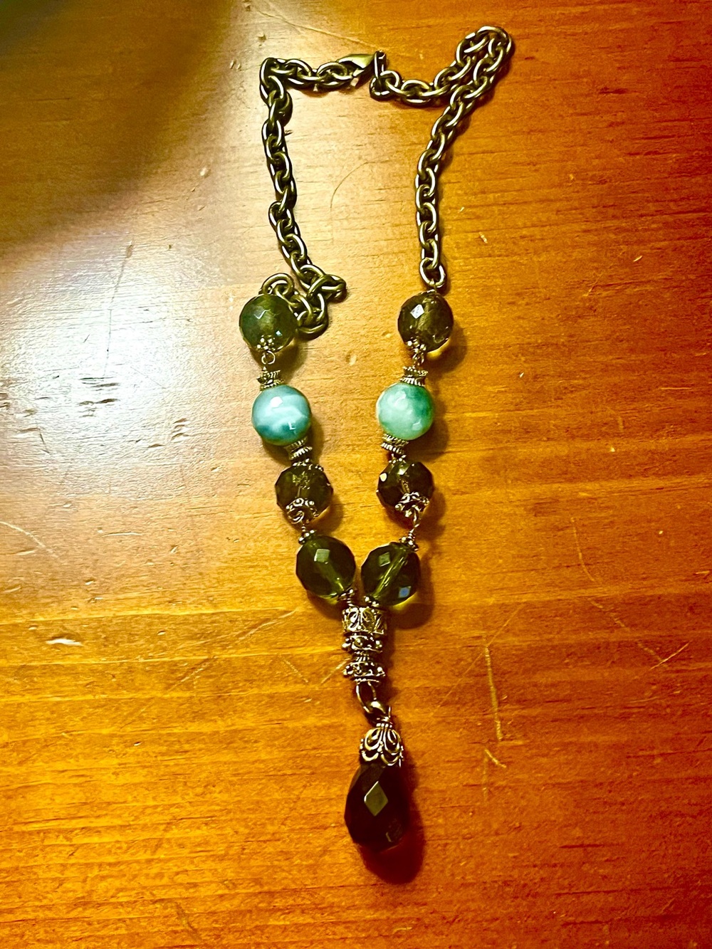 Green & Teal Beaded Pendant Necklace - Gold Accent
